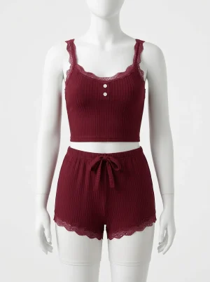 Pyjama short côtelé dentelle sexy été femme - Vue 1 - Pyjama short