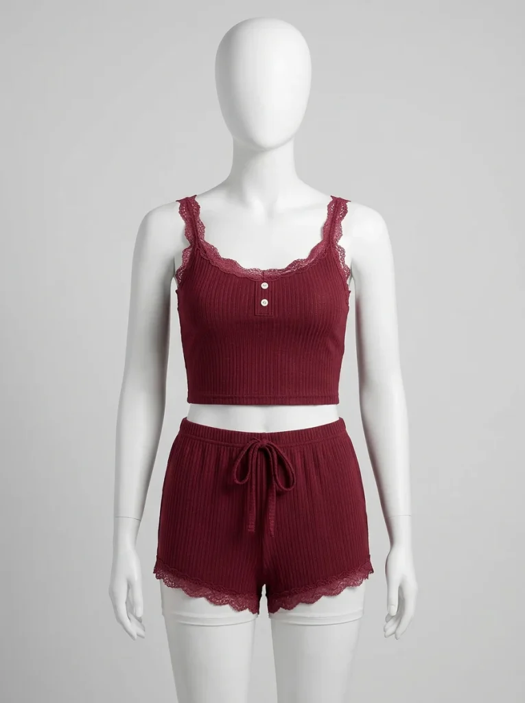 Pyjama short côtelé dentelle sexy été femme - Vue 4 - Pyjama short