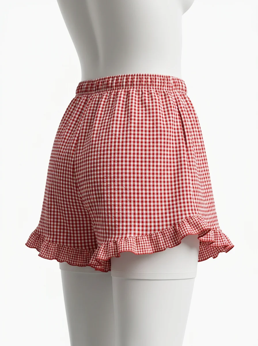 Pyjama short coton volanté carreaux vintage femme - Vue 2 - Pyjama short