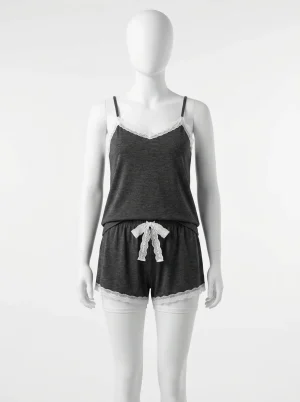 Pyjama short maille extensible dentelle femme décontracté - Vue 1 - Pyjama short